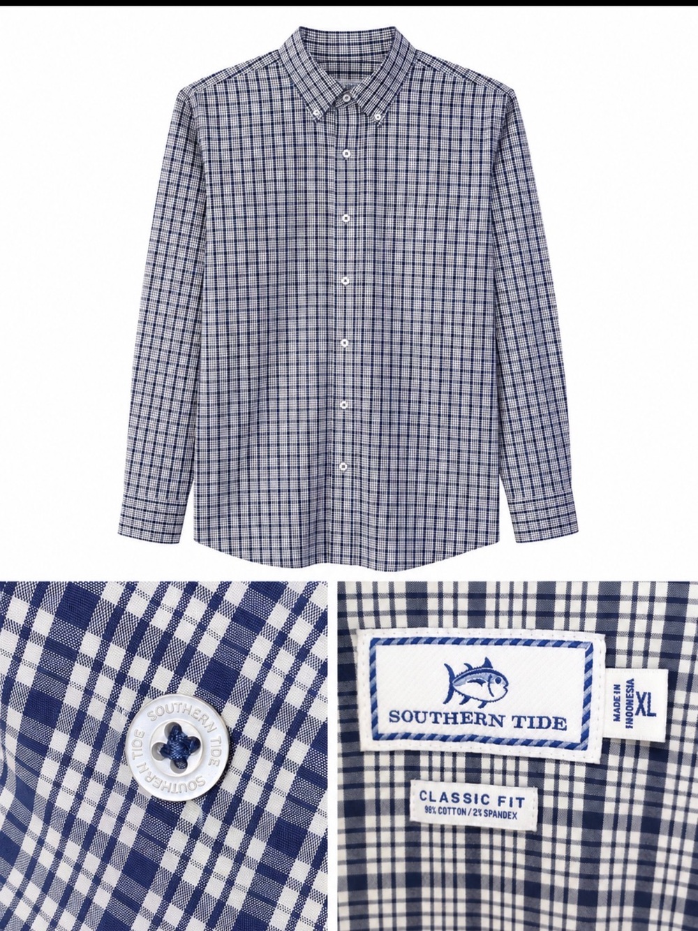 Southern Tide Men's Blue and White Check Button-Down Shirt